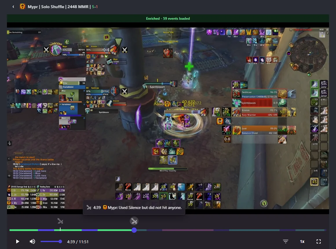 Desktop app showing match replay with events timeline